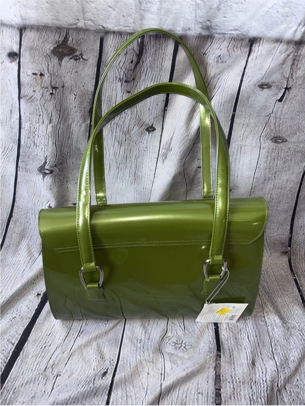 Beijo Moss Green Vegan Patent Leather Shoulder Bag Purse Y2K Vintage NWT Glossy - Picture 2 of 6